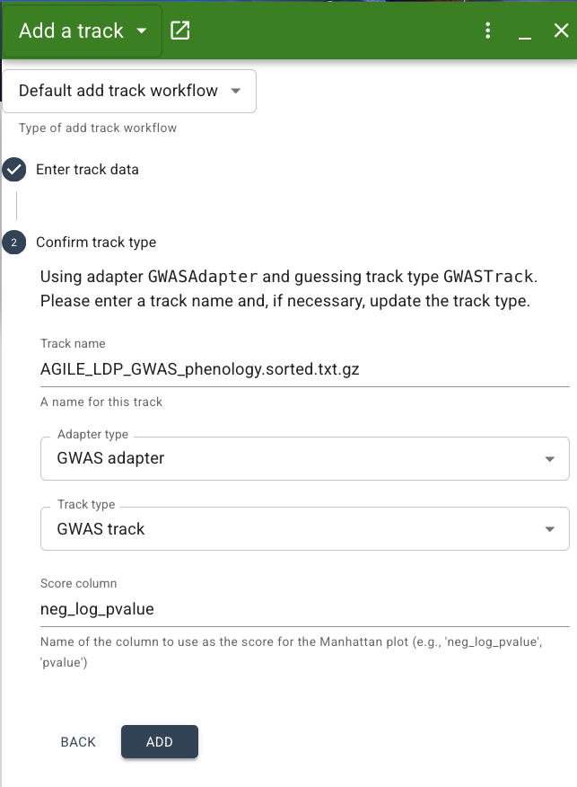 Form for confirming track type and adapter when adding a custom track to JBrowse
