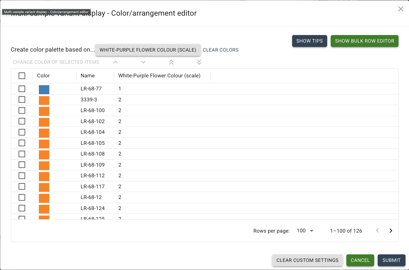 Table of samples with added column for white-purple flower colour trait
