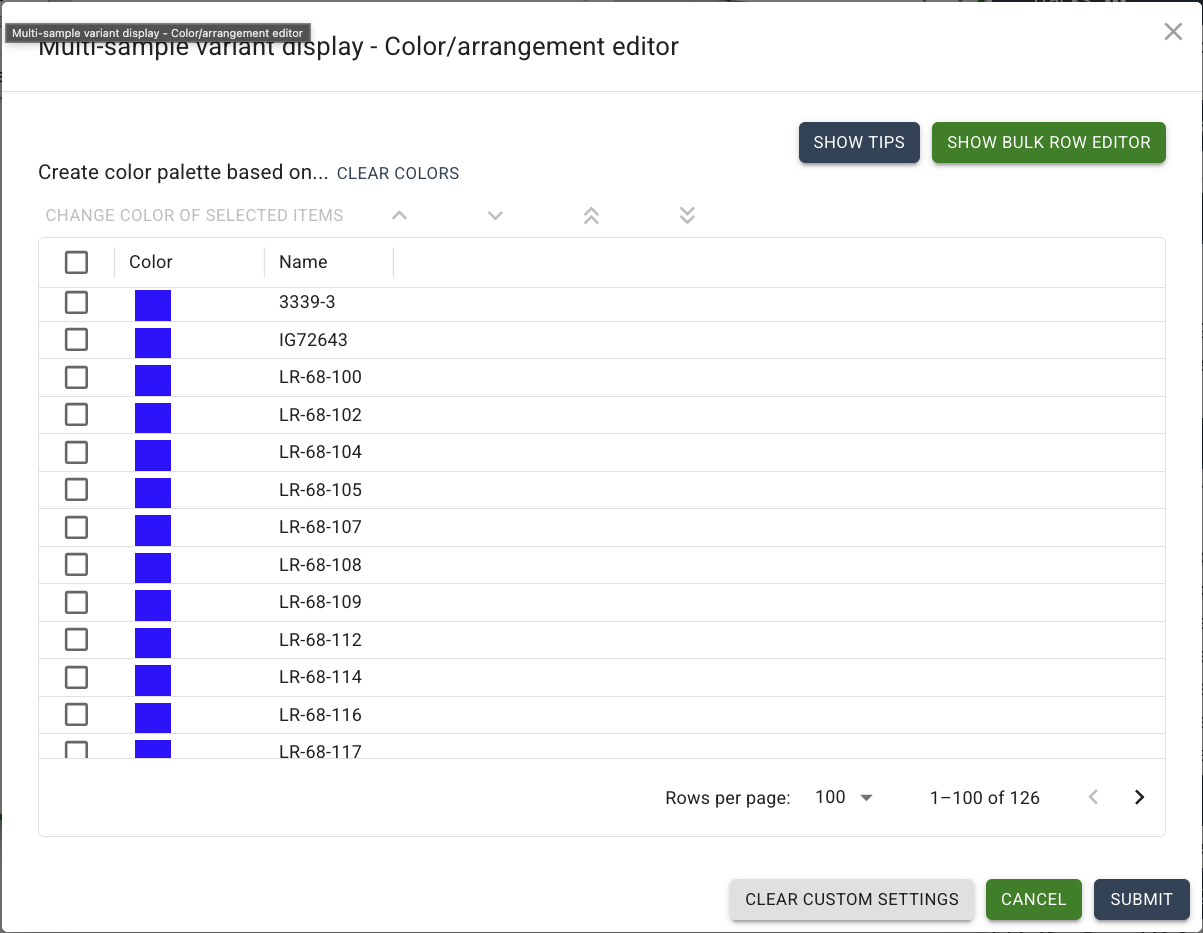 Editor for editing colors/arrangement of samples