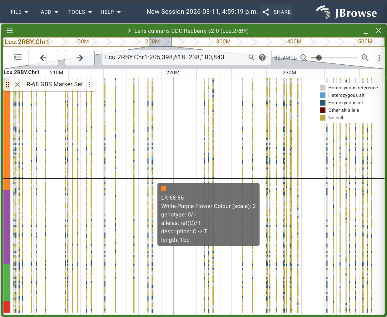 Multi-sample variant track with samples coloured based on the white-purple flower colour trait